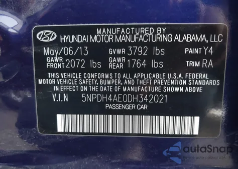2013 Hyundai Elantra Gls from USA, damaged, VIN 5NPDH4AE0DH342021
